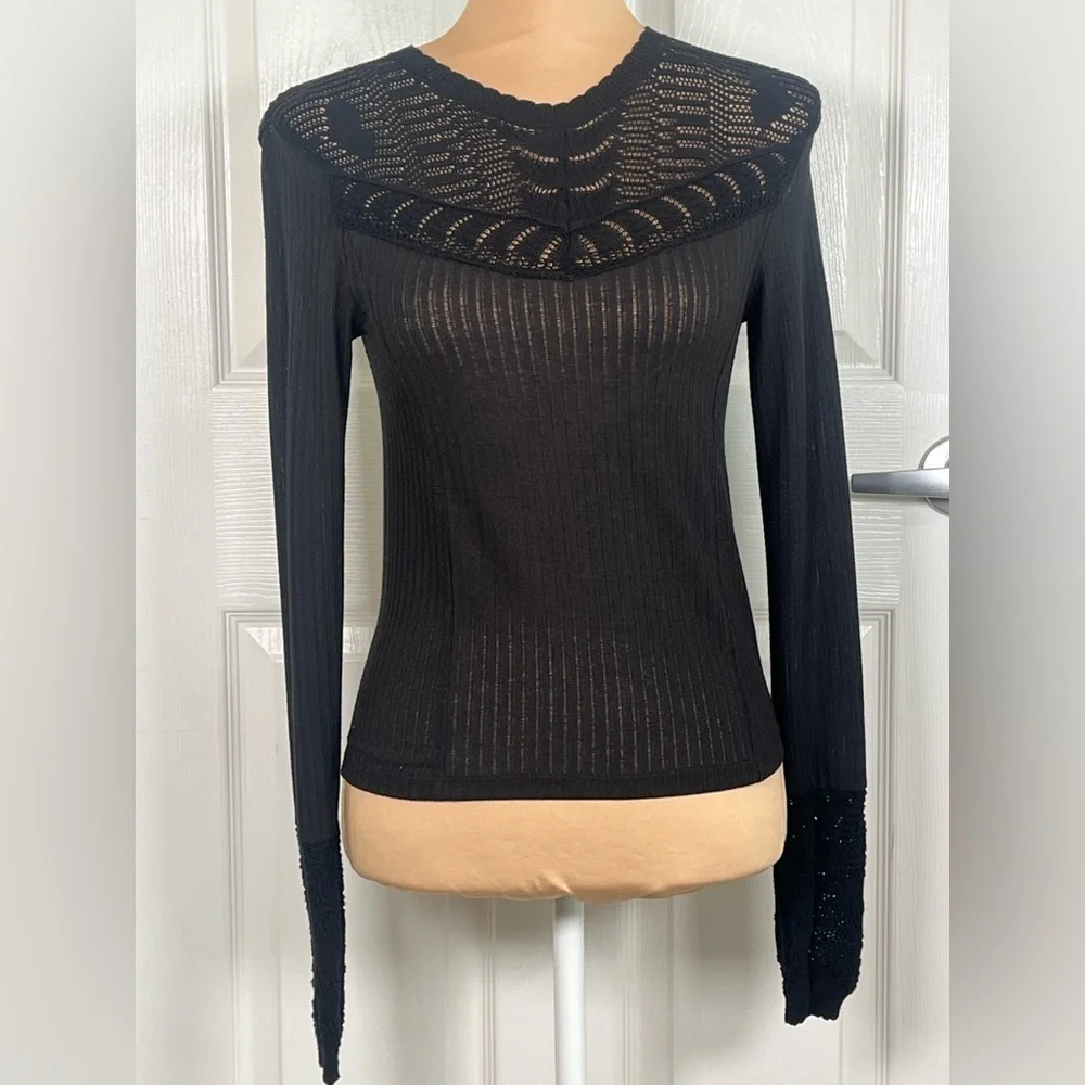 Free People Colette Scallop Neck Trim Knit Sweater Size XS